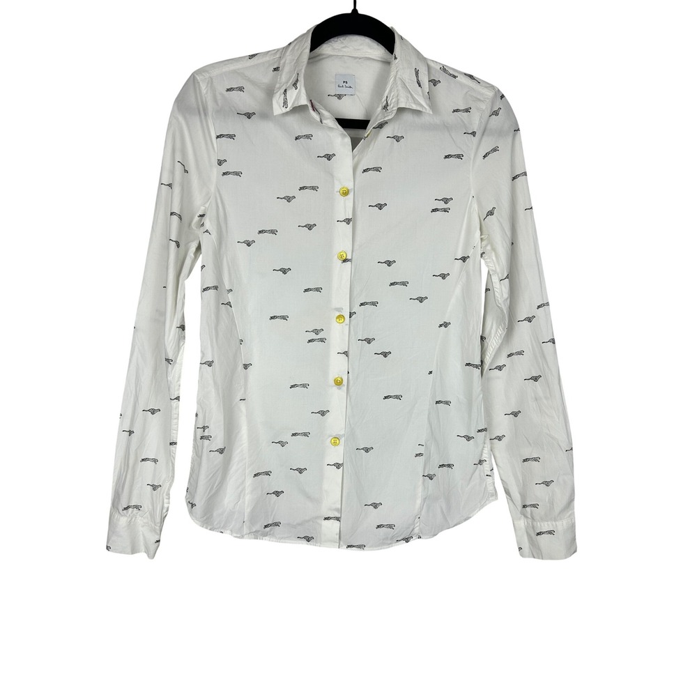 Paul Smith White Cotton Cheetah Button Down Shirt Italian Size 38 Career Classic